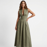 Sleeveless fitted midi dress in olive green with front zipper and gathered skirt