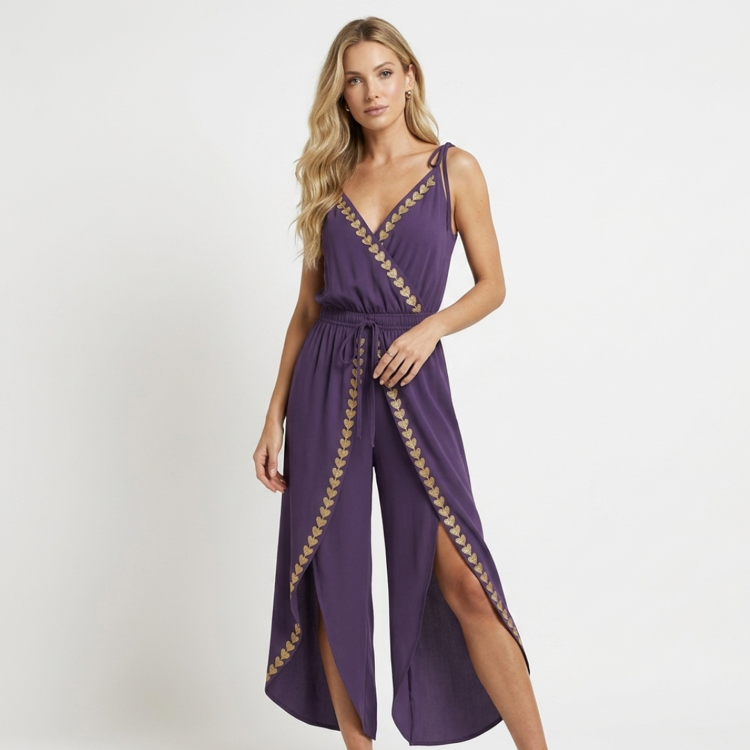 Women's purple sleeveless maxi dress with V-neck and gold embroidered trim, side slit