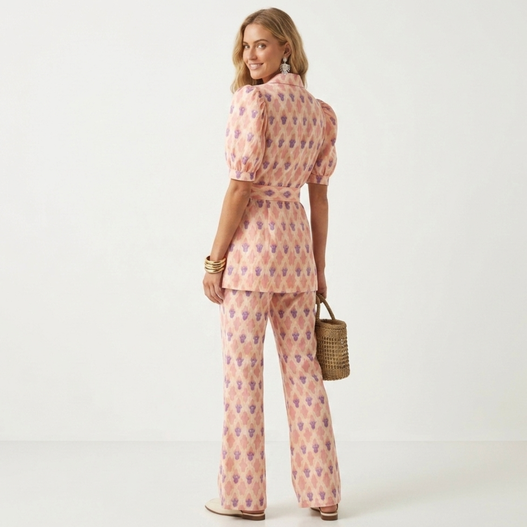 Women's pink patterned puff-sleeve top and wide-leg pants set with tied waist