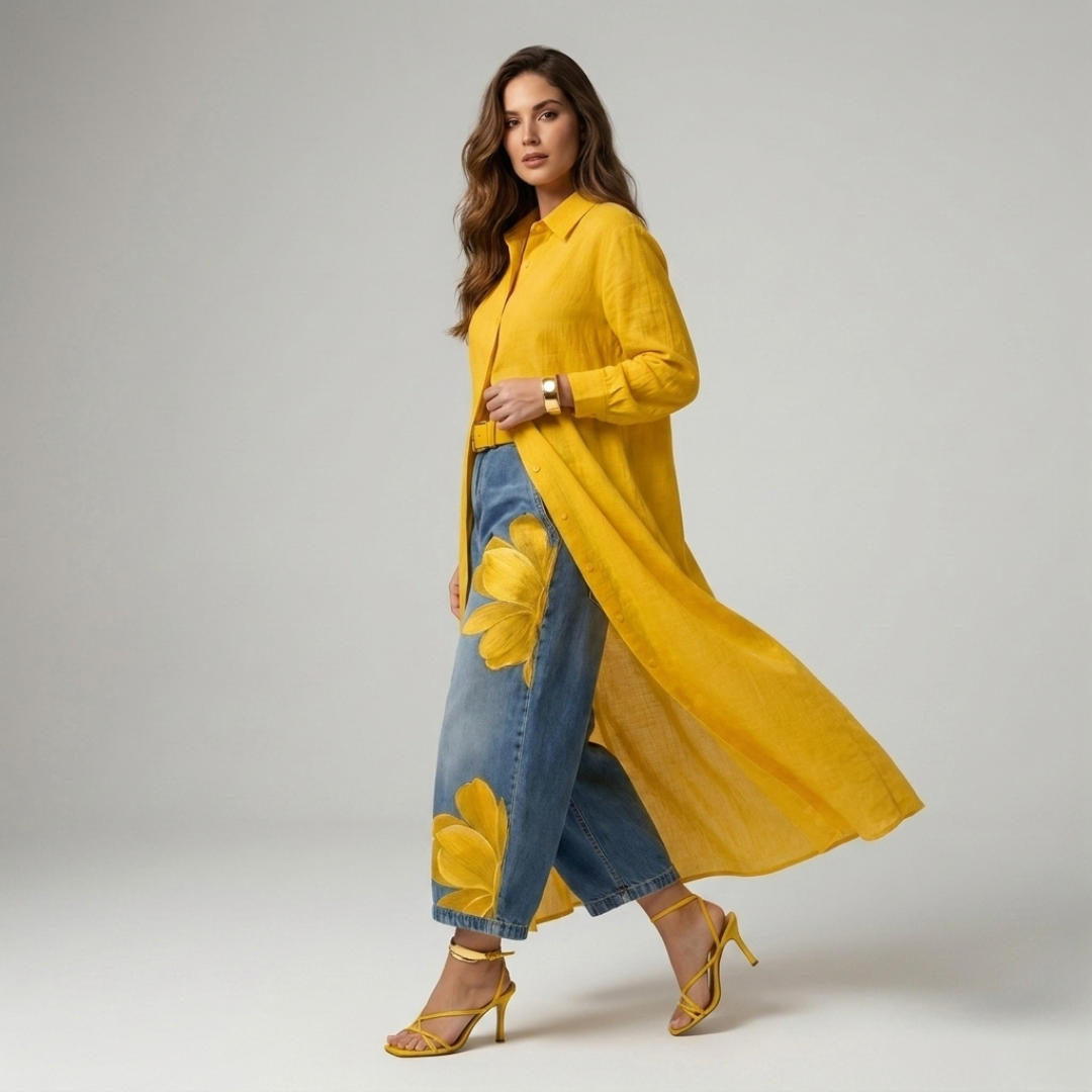 Yellow long-sleeve shirt and wide-leg denim pants set with yellow floral print