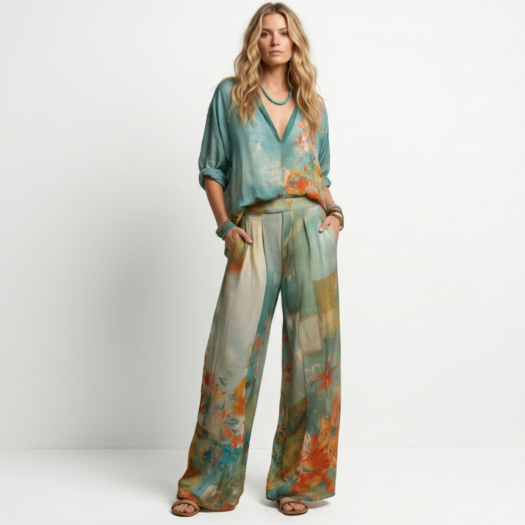 Floral georgette top and wide-leg pants set, teal with orange floral print