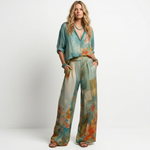 Floral georgette top and wide-leg pants set, teal with orange floral print