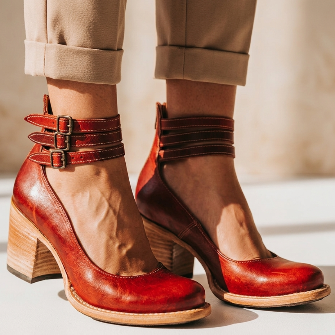 Red leather heeled ankle boots with two buckle straps and wooden-look block heel