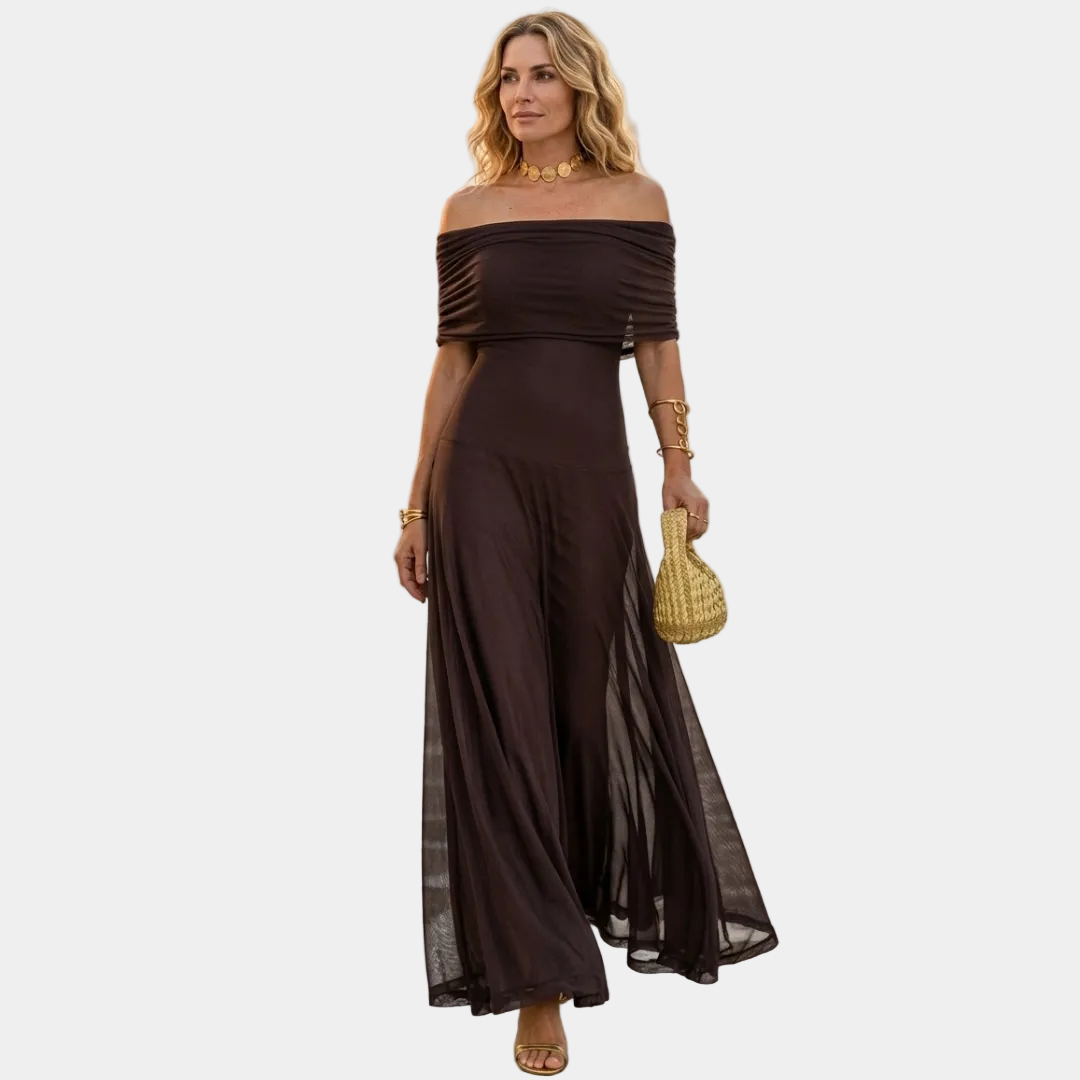 Dark brown off-shoulder maxi dress with ruched bodice and flowing tiered skirt