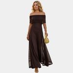 Dark brown off-shoulder maxi dress with ruched bodice and flowing tiered skirt