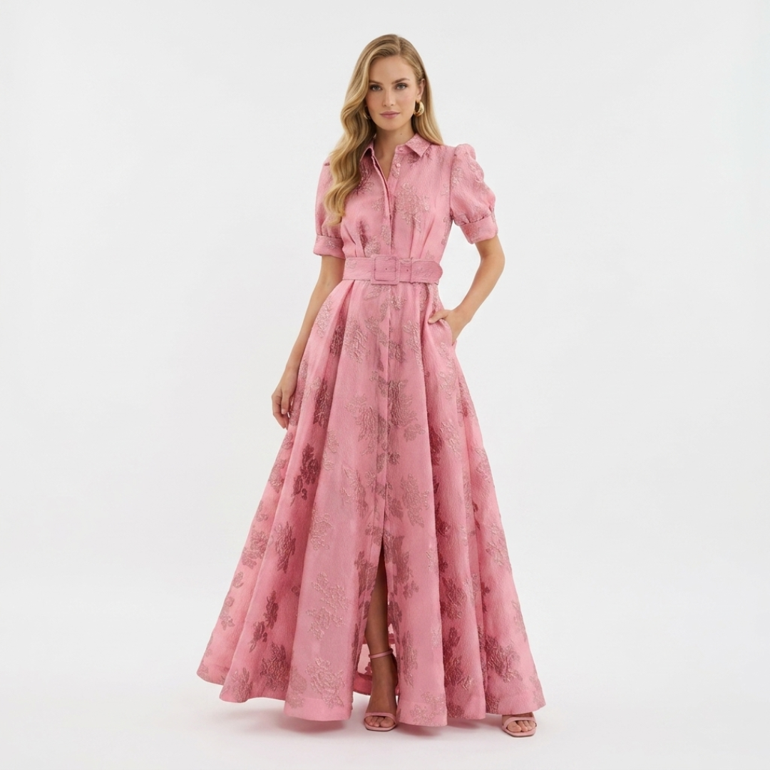 Pink puff-sleeve midi dress with fitted waist belt and full skirt