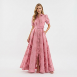 Pink puff-sleeve midi dress with fitted waist belt and full skirt