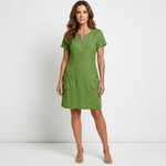 Green short-sleeve shift dress with front zipper and side pockets with button details.