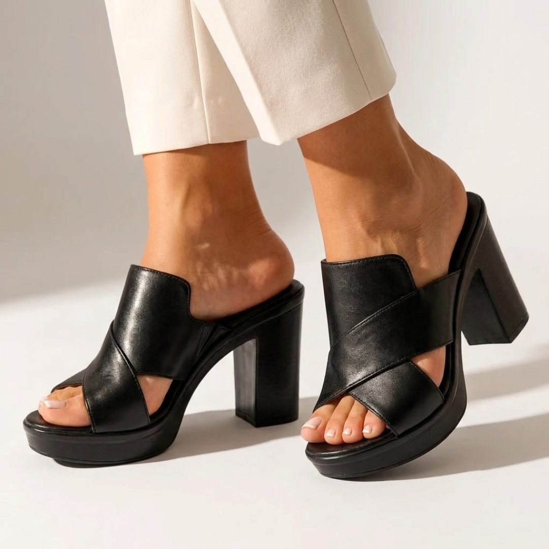 Comfort heeled slide sandals, black leather with wide strap and chunky heel platform