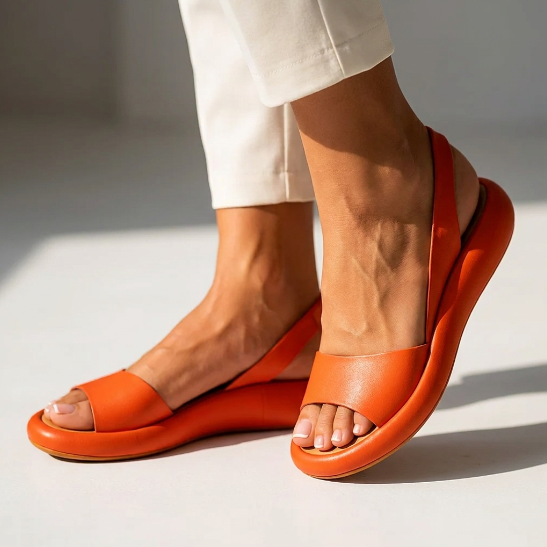 Minimalist open-toe sandals in orange with wide strap and molded sole