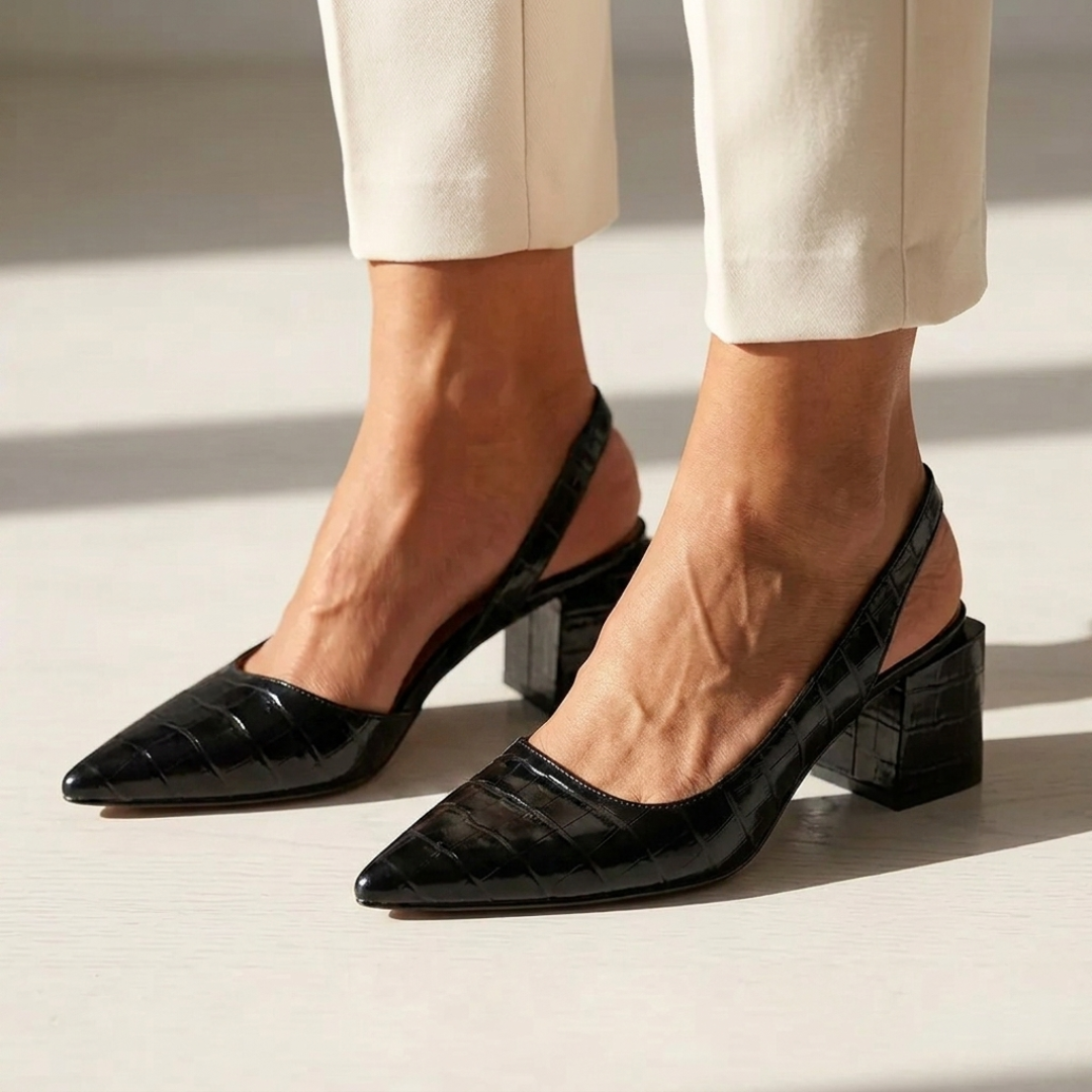 Marilena black orthopedic slingback pumps with pointed toe and block heel