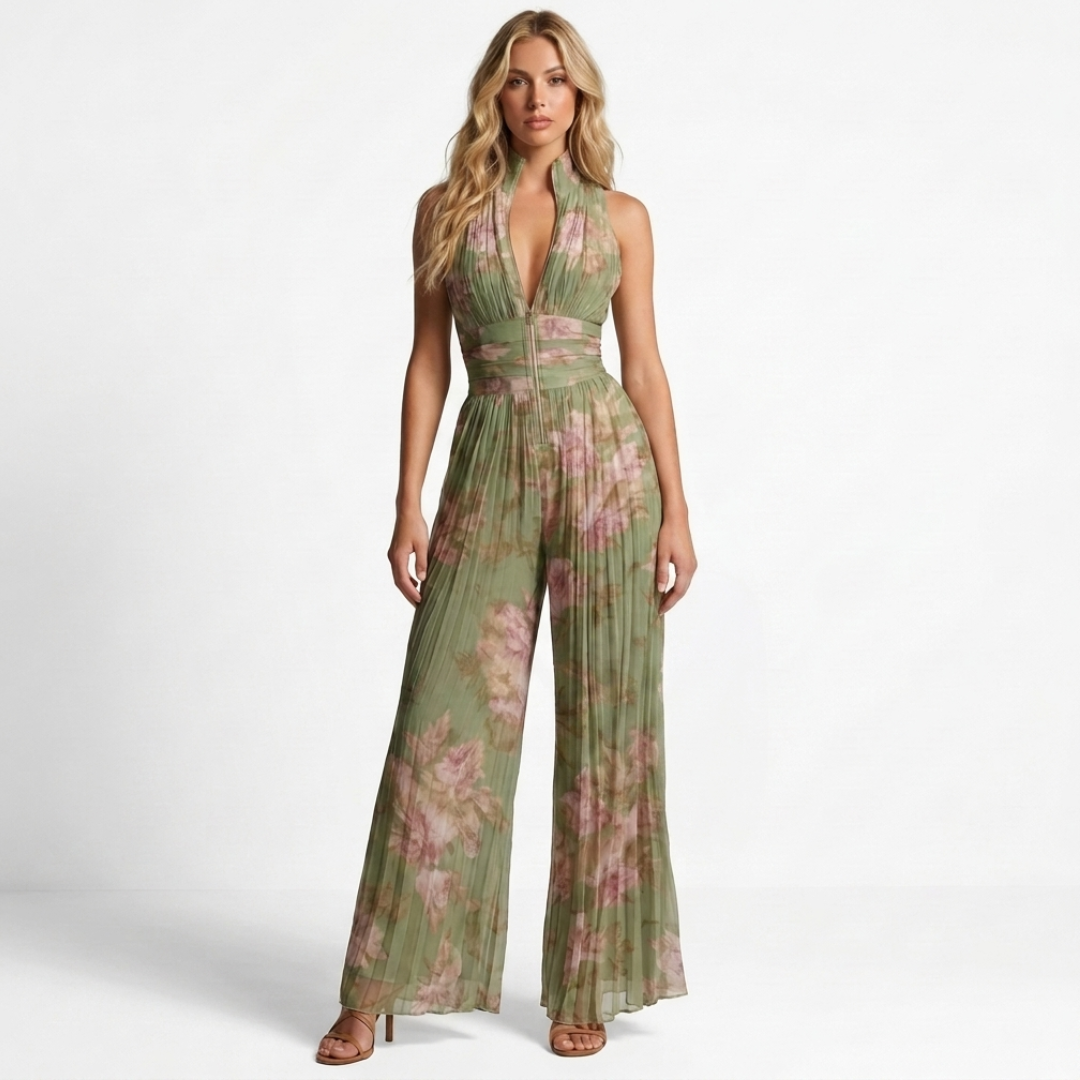 Floral print wide-leg jumpsuit with V-neck, sleeveless, adjustable waist tie