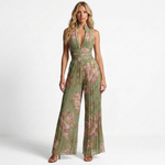 Floral print wide-leg jumpsuit with V-neck, sleeveless, adjustable waist tie