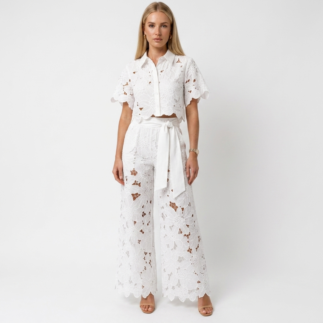 White lace two-piece set with cropped short-sleeve jacket and wide-leg pants