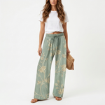 High-waisted floral wide-leg pants, sage green with beige floral and drawstring waist