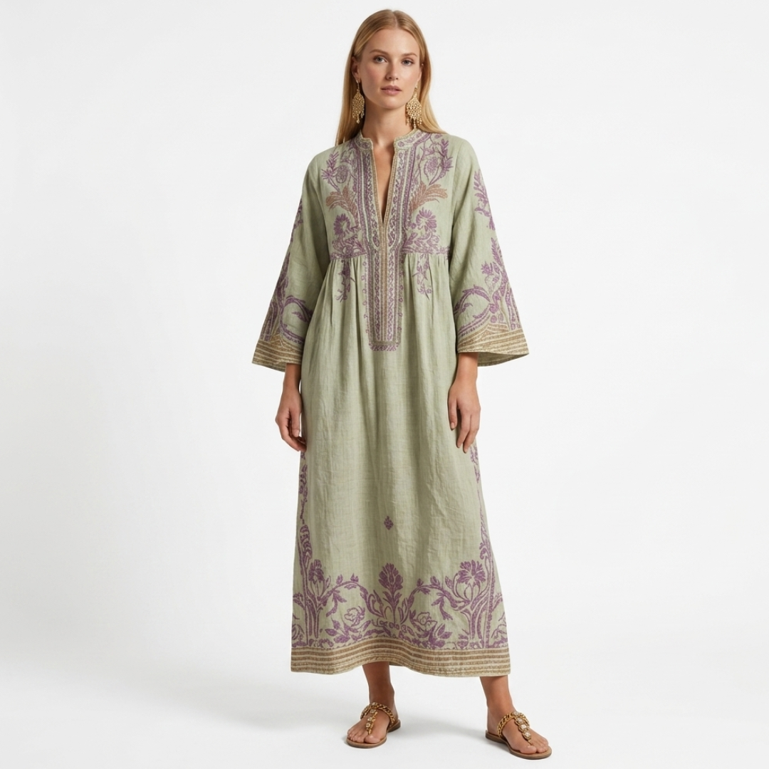 Bogdana boho embroidered dress in sage green with purple floral yoke and border