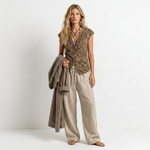 Women’s 3-piece set: patterned sleeveless top, wide-leg linen pants, draped olive cardigan