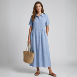 Light blue cotton shirt dress, short sleeves, button front, gathered waist, midi length.