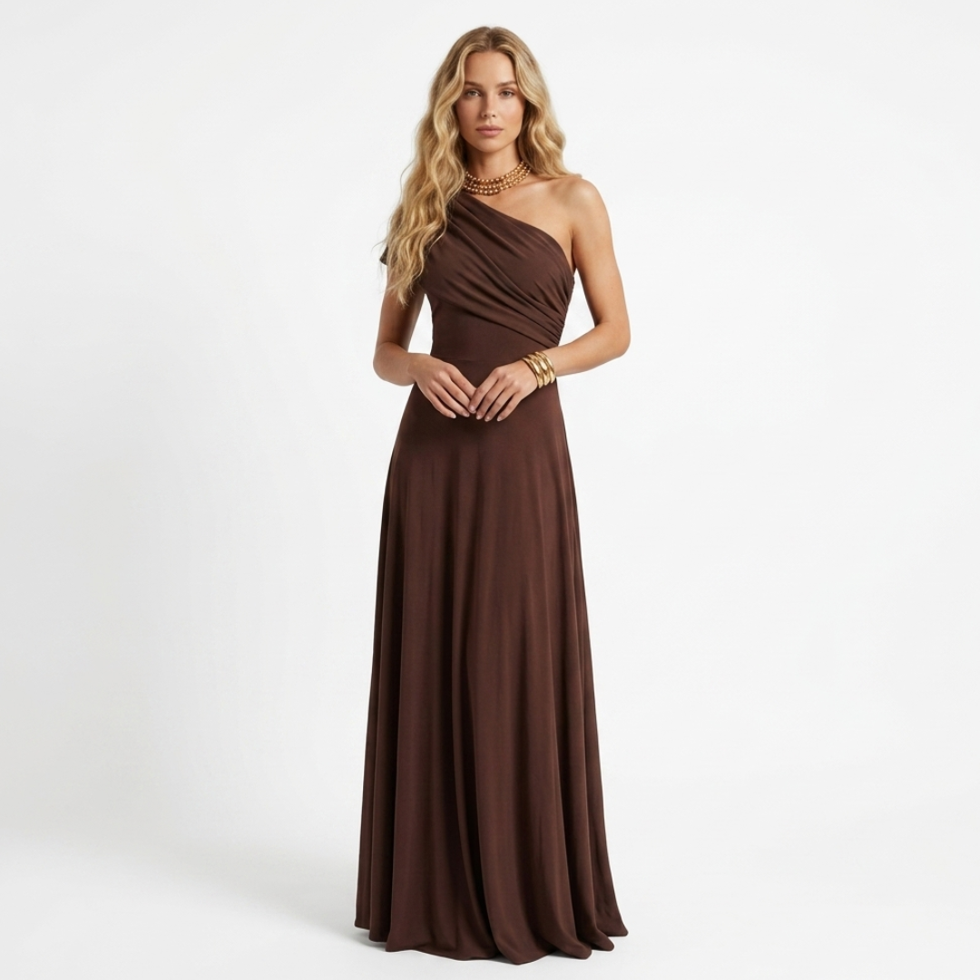 One-shoulder draped long dress in dark brown, sleeveless with flowing maxi skirt