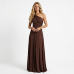 One-shoulder draped long dress in dark brown, sleeveless with flowing maxi skirt