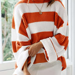 Women’s winter striped knit sweater in white and orange, crew neck, long sleeves