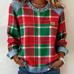 Women’s flannel pullover with red-and-green plaid, denim collar and cuffs, chest patch