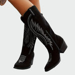 Black suede mid-calf western boots with silver-tone stitched embroidery and block heel