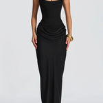 Black maxi dress with square neckline and ruched drape at the waist