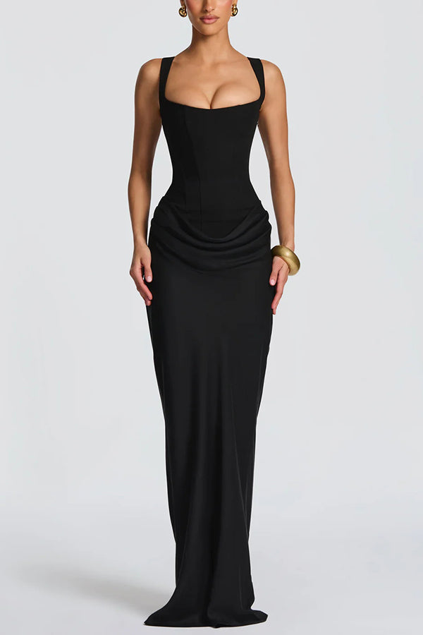 Black maxi dress with square neckline and ruched drape at the waist