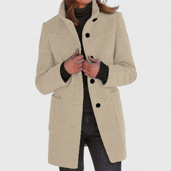 Beige classic button-front coat with notch lapels, long sleeves, and side pockets