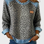 Speckled leopard print long-sleeve top in dark gray with light denim trim