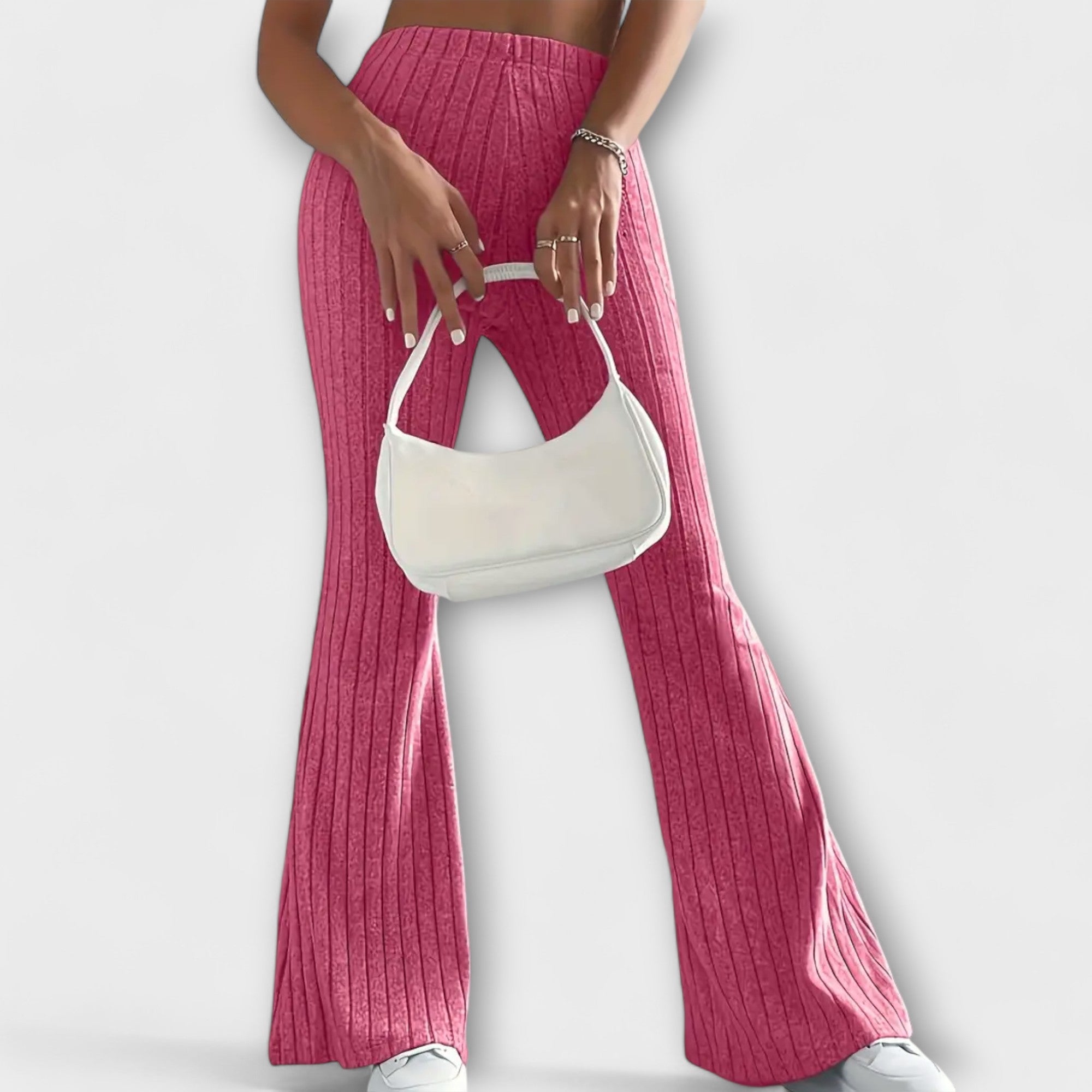 Raspberry pink ribbed knit high-waist flared pants with long wide legs