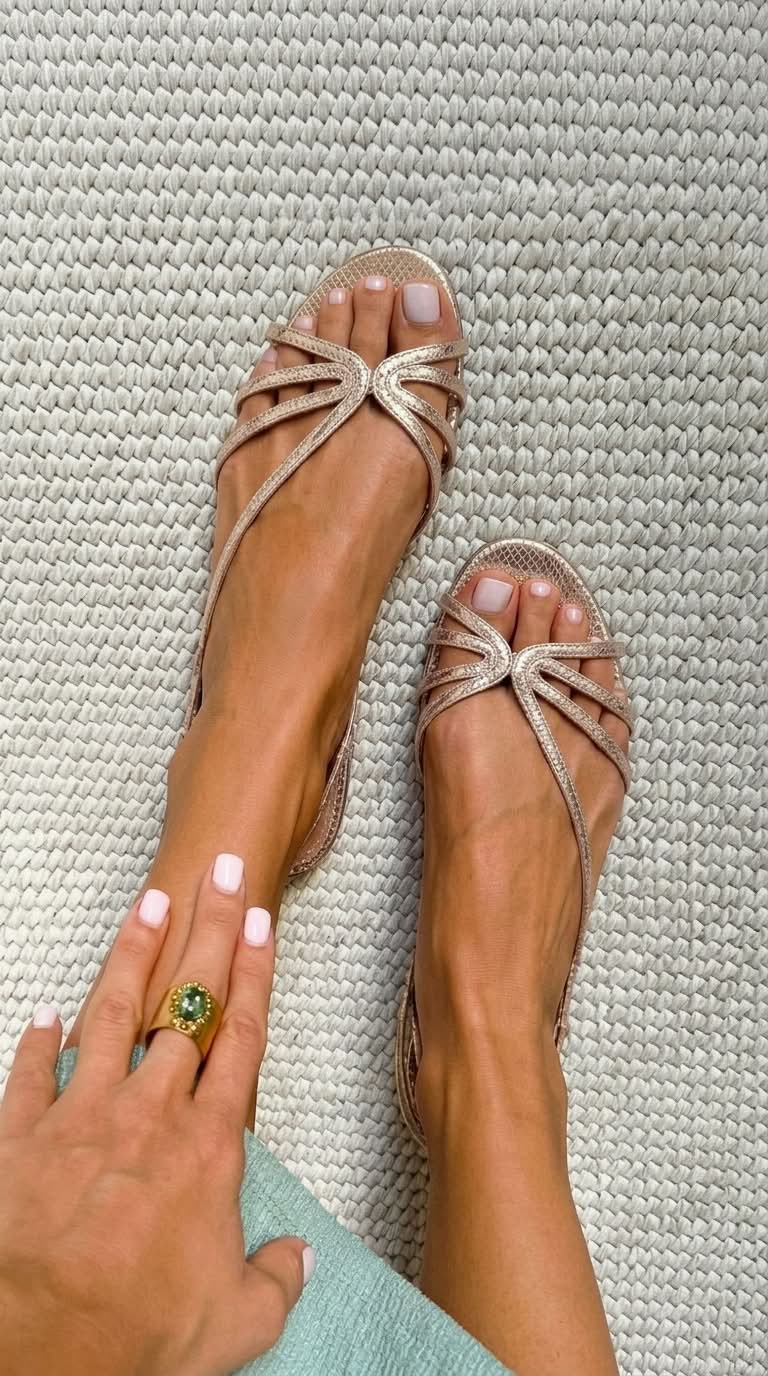 Metallic silver strappy flat sandals with rose-gold bow-style toe ornament