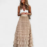 Boho mesh-trim tiered skirt in beige, tiered ruffles with elastic gathered waistband