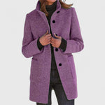 Purple classic button-front coat with notch lapels, long sleeves, and side pockets