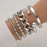 Silver-tone overlapping bracelet set with chunky chain links, ball-bead rows, and cuff bangle (5 pcs)