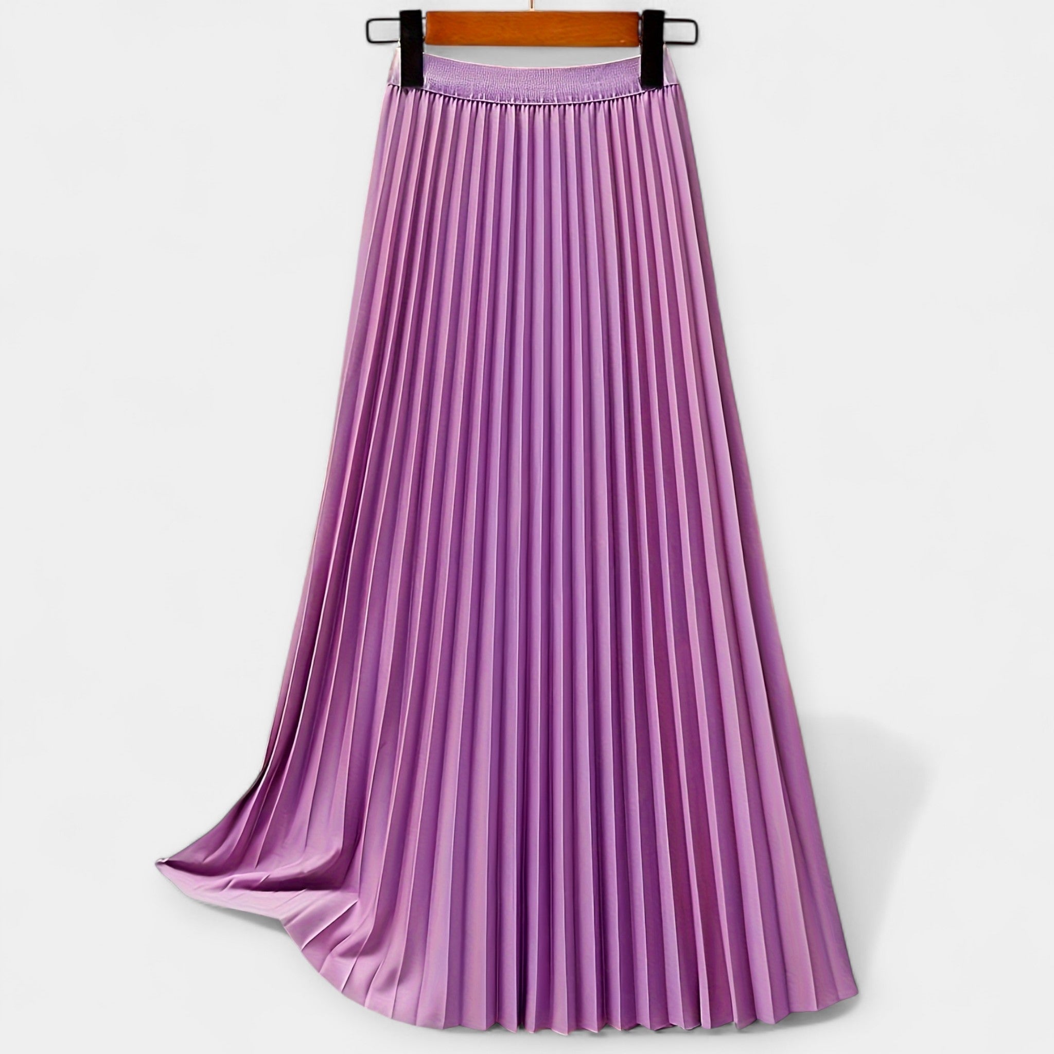 Long satin pleated skirt, lilac purple, full-length vertical pleats with waistband