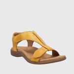 Yellow orthopedic sandals with open toe and two padded straps on cushioned sole