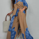 Blue and beige patchwork print top and wide-leg pants set with side tie waist