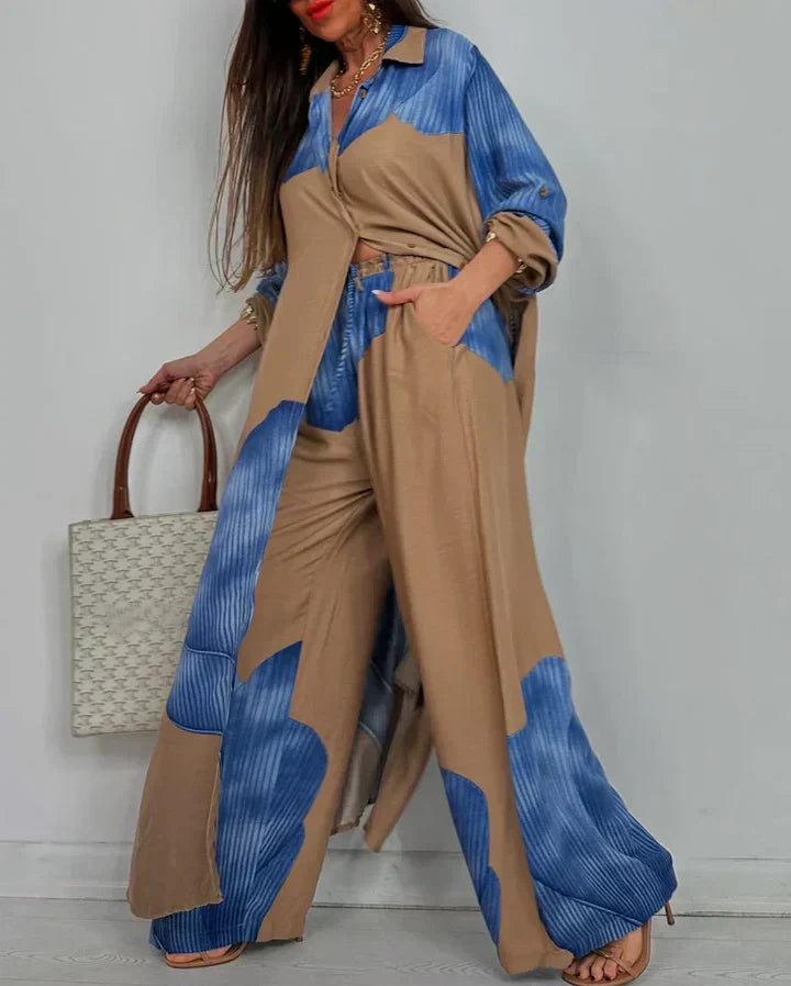 Blue and beige patchwork print top and wide-leg pants set with side tie waist