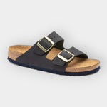 Light summer sandals in gray with two adjustable buckle straps and cork footbed