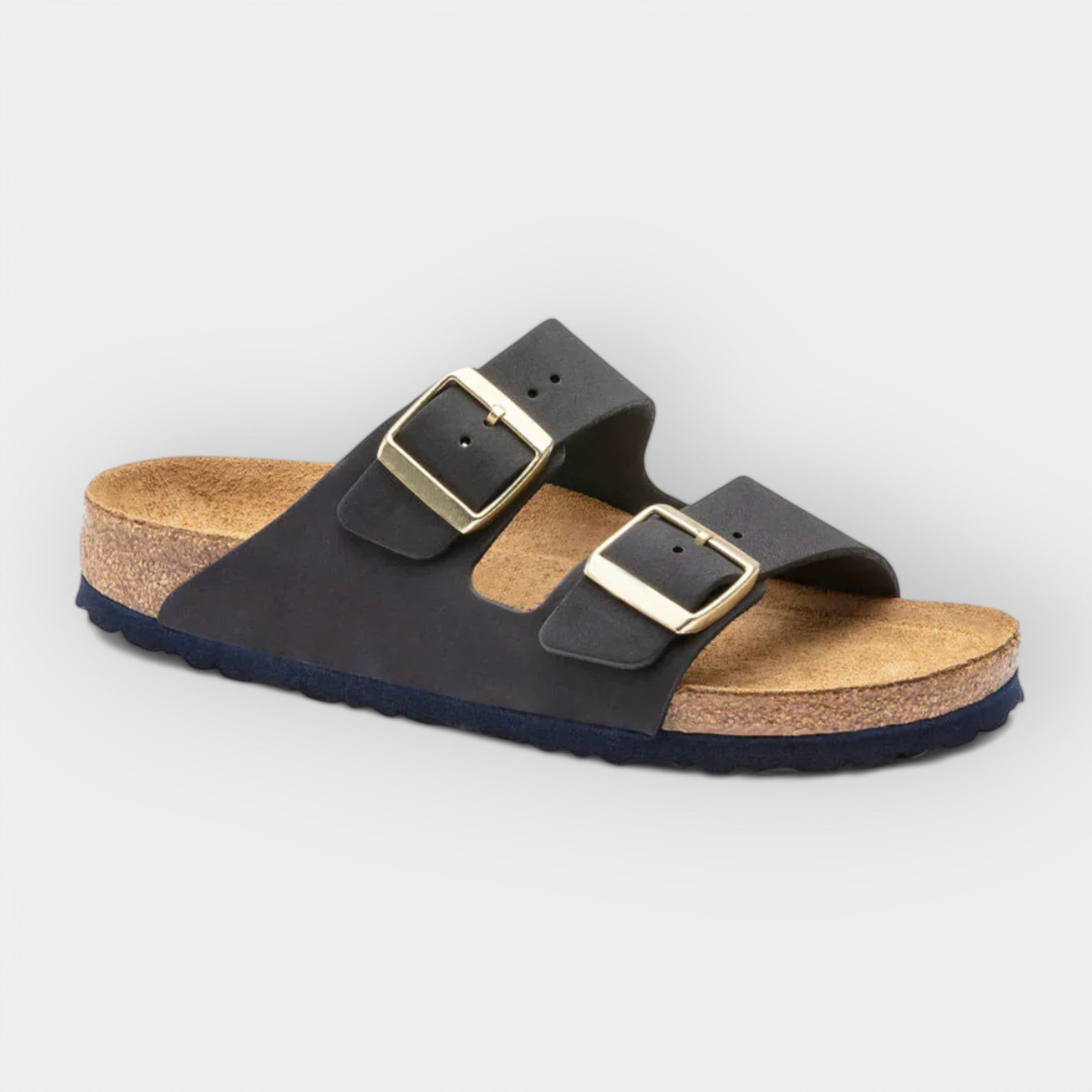 Light summer sandals in gray with two adjustable buckle straps and cork footbed