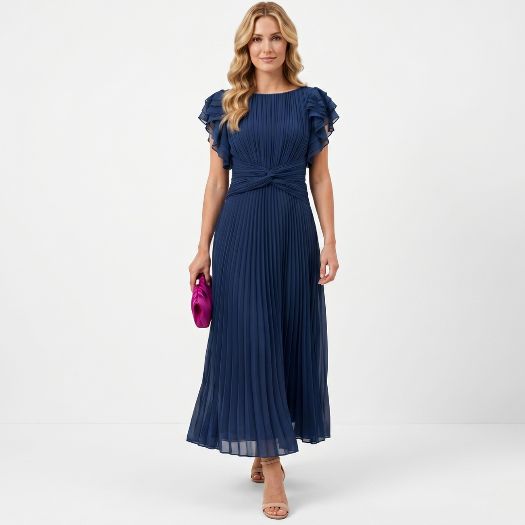 Delia pleated midi dress in navy blue, ruffled cap sleeves and twist-front waist