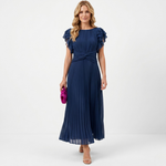 Delia pleated midi dress in navy blue, ruffled cap sleeves and twist-front waist