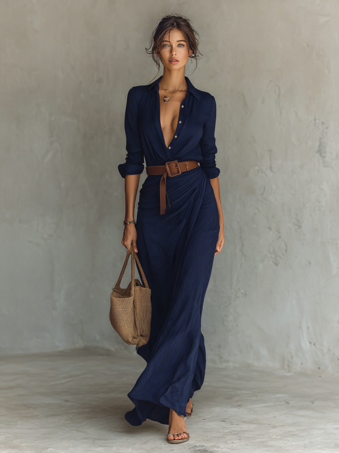 Navy long-sleeve maxi dress with V-neck buttons and belted gathered waist, side view