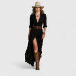 Black long linen wrap dress with deep V-neck, three-quarter sleeves, and side slit