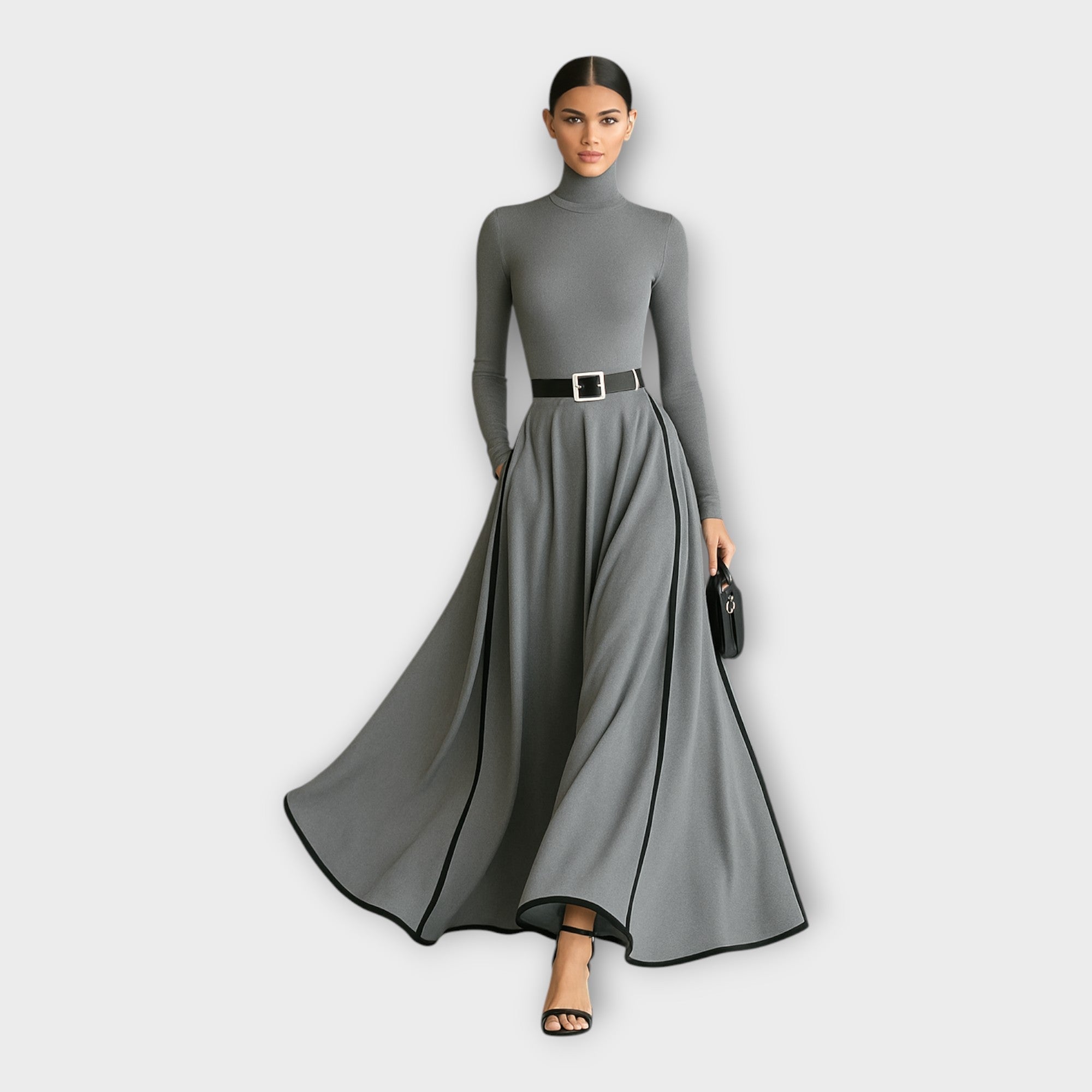 Gray long-sleeve maxi dress with high neck, silver-buckle belt, wide skirt with contrast piping