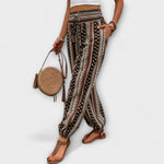 Black-and-cream striped ethnic harem pants with elastic waist and balloon-style legs