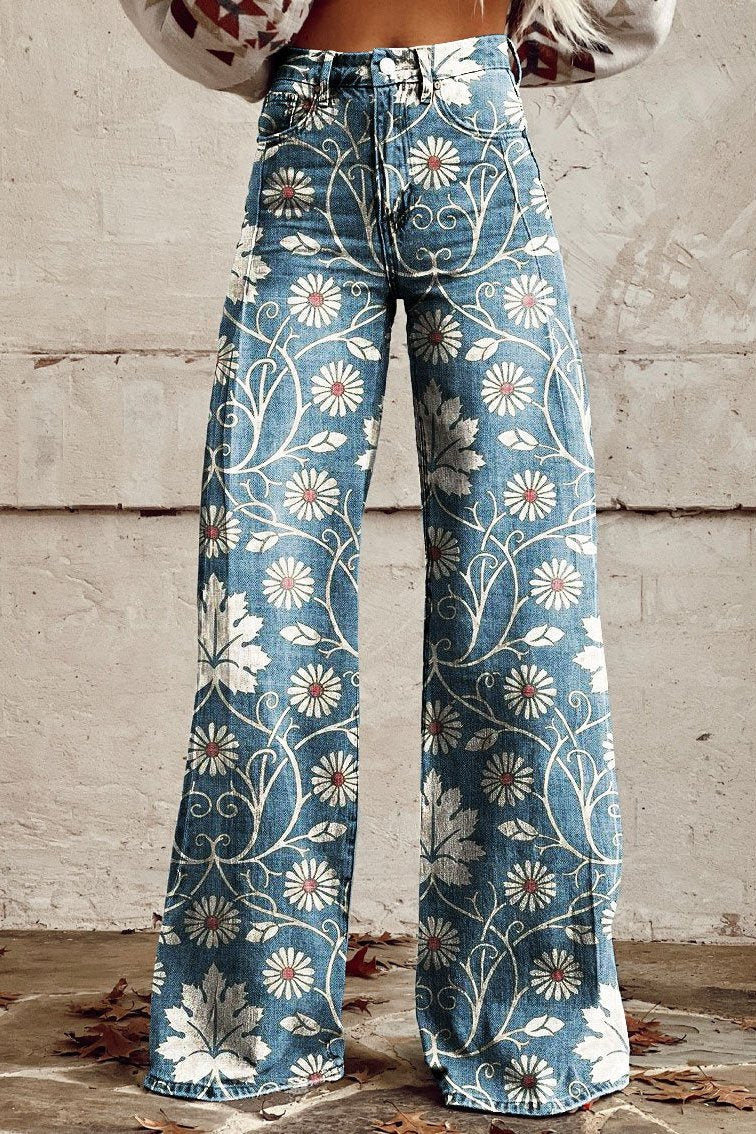 Boho wide-leg trousers in blue denim with white floral and vine print