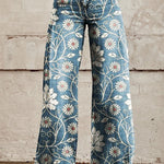Boho wide-leg trousers in blue denim with white floral and vine print